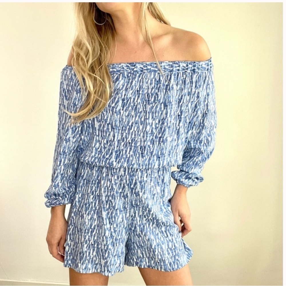 Michael Kors Blue & White Off-Shoulder Romper